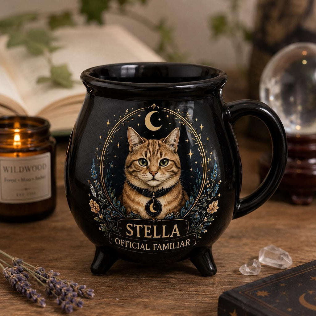 Personalized Pet Cauldron Mug, Custom Witch Familiar Cat or Dog Portrait, Halloween Ceramic Mug, Gothic Pet Lover Gift