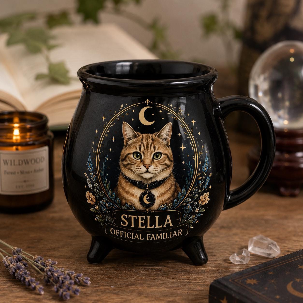 Personalized Pet Cauldron Mug, Custom Witch Familiar Cat or Dog Portrait, Halloween Ceramic Mug, Gothic Pet Lover Gift