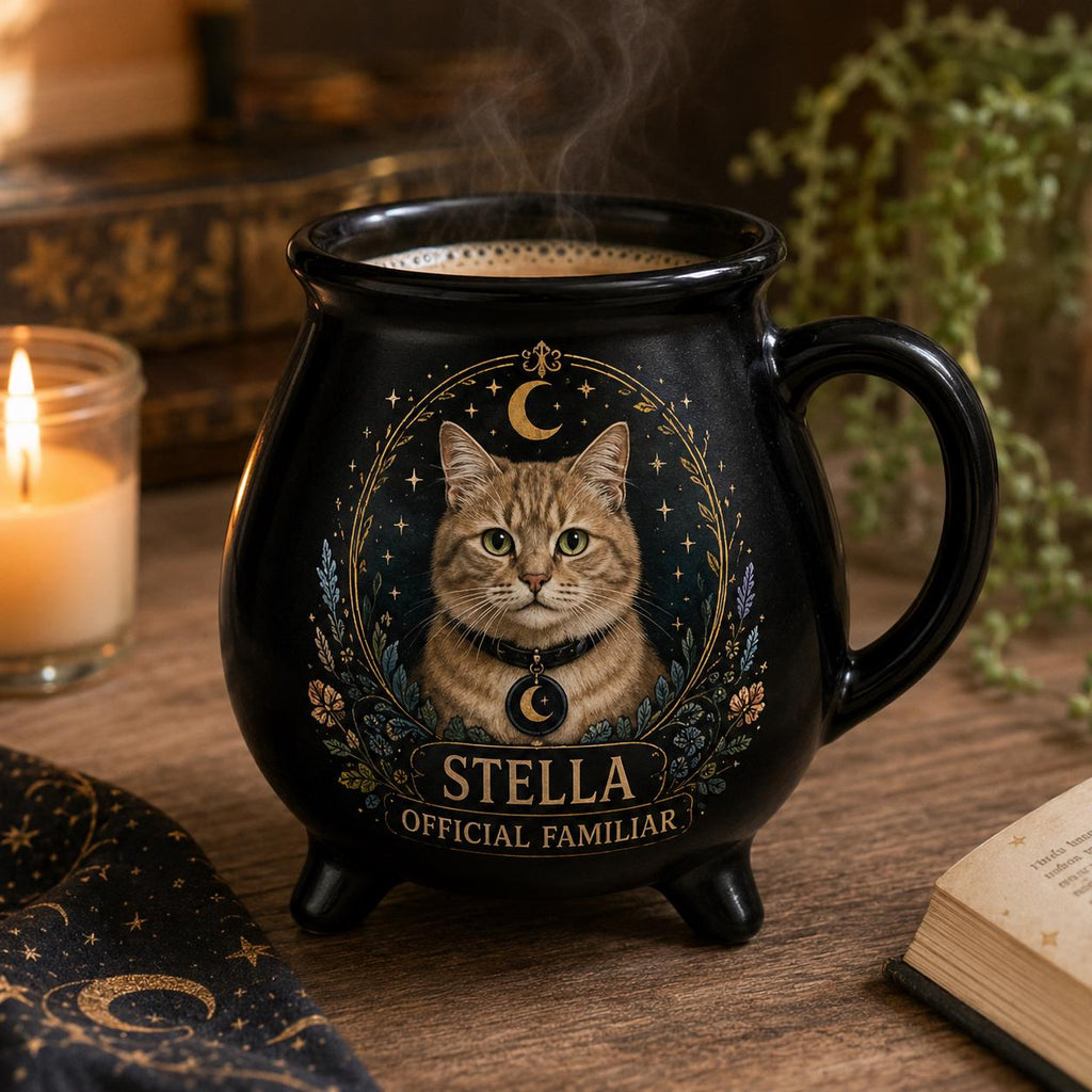 Personalized Pet Cauldron Mug, Custom Witch Familiar Cat or Dog Portrait, Halloween Ceramic Mug, Gothic Pet Lover Gift