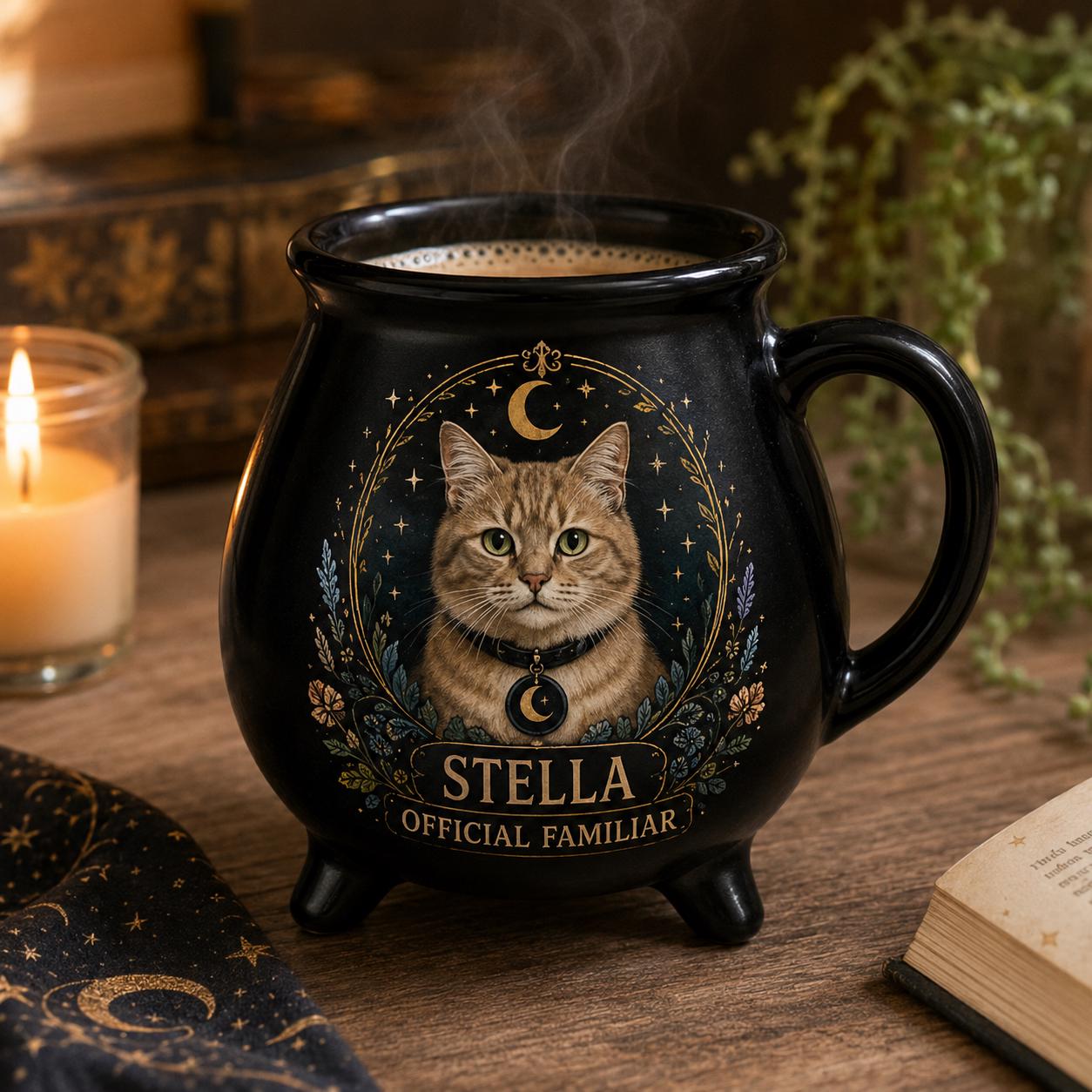 Personalized Pet Cauldron Mug, Custom Witch Familiar Cat or Dog Portrait, Halloween Ceramic Mug, Gothic Pet Lover Gift