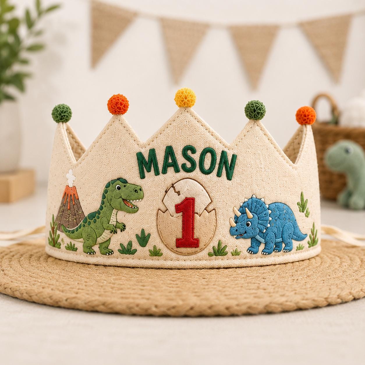 Personalized Dinosaur Birthday Crown, Embroidered Linen-Look Crown, First Birthday Cake Smash Hat, Custom Name Dino Crown
