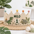 Personalized Dinosaur Birthday Crown, Embroidered Linen-Look Crown, First Birthday Cake Smash Hat, Custom Name Dino Crown