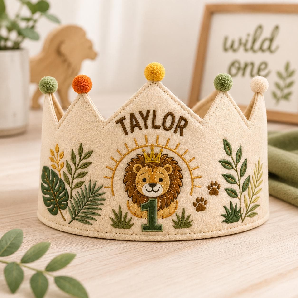 Personalized Lion Birthday Crown, Embroidered Linen-Look Crown, Wild One First Birthday Hat, Safari Cake Smash Crown