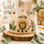 Personalized Lion Birthday Crown, Embroidered Linen-Look Crown, Wild One First Birthday Hat, Safari Cake Smash Crown