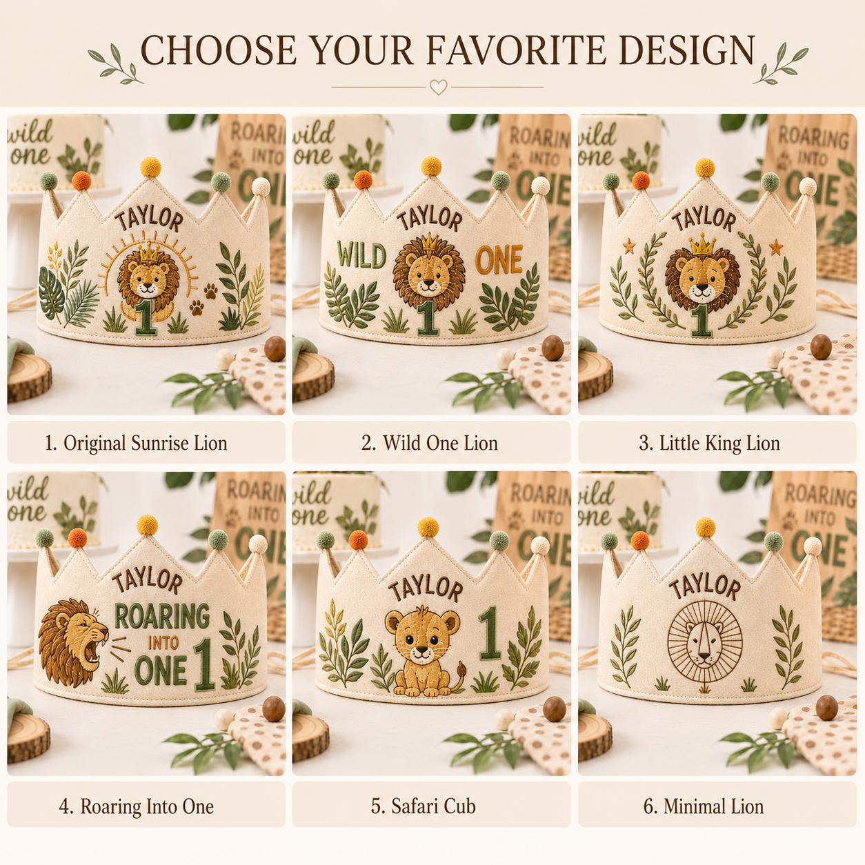 Personalized Lion Birthday Crown, Embroidered Linen-Look Crown, Wild One First Birthday Hat, Safari Cake Smash Crown