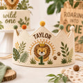 Personalized Lion Birthday Crown, Embroidered Linen-Look Crown, Wild One First Birthday Hat, Safari Cake Smash Crown