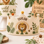 Personalized Lion Birthday Crown, Embroidered Linen-Look Crown, Wild One First Birthday Hat, Safari Cake Smash Crown