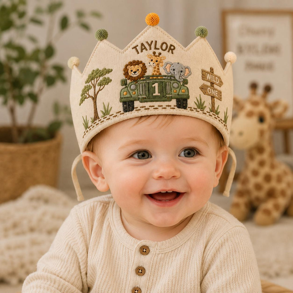 Personalized Safari Birthday Crown, Embroidered Linen-Look Crown, Wild One First Birthday Hat, Custom Jungle Animal Crown