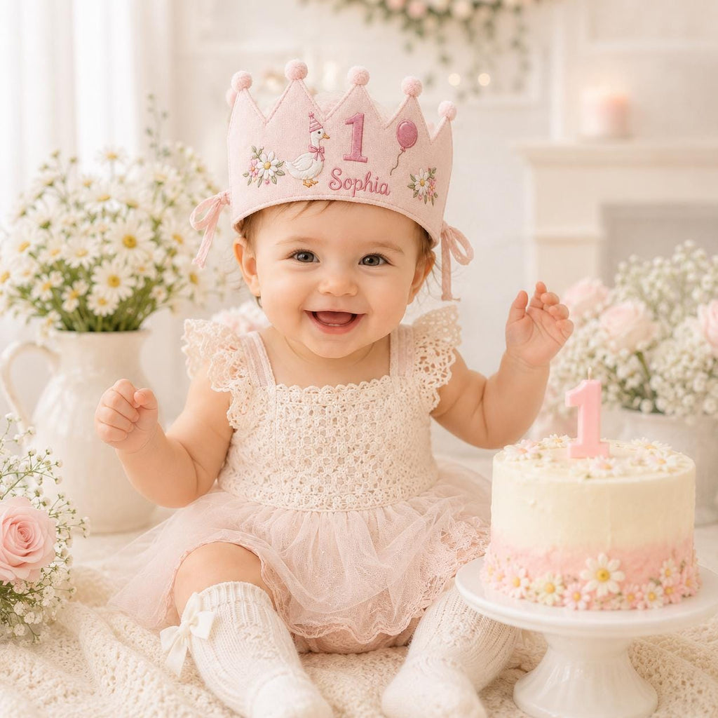 Personalized Goose Birthday Crown, Embroidered Linen-Look Crown, Daisy First Birthday Hat, One Silly Goose Cake Smash Crown