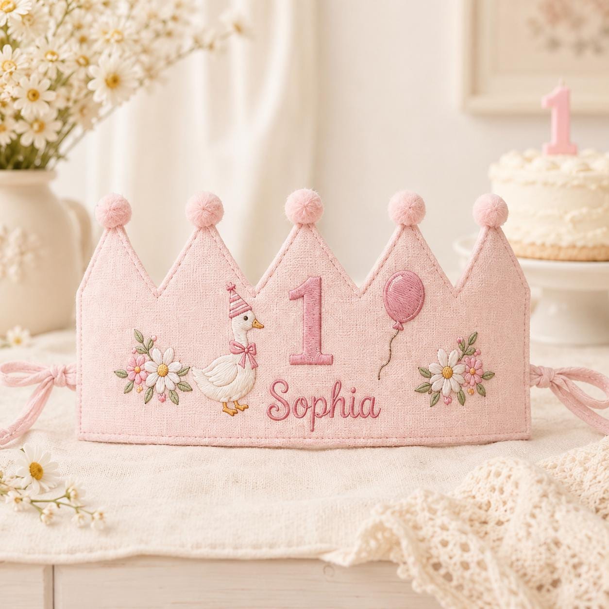 Personalized Goose Birthday Crown, Embroidered Linen-Look Crown, Daisy First Birthday Hat, One Silly Goose Cake Smash Crown