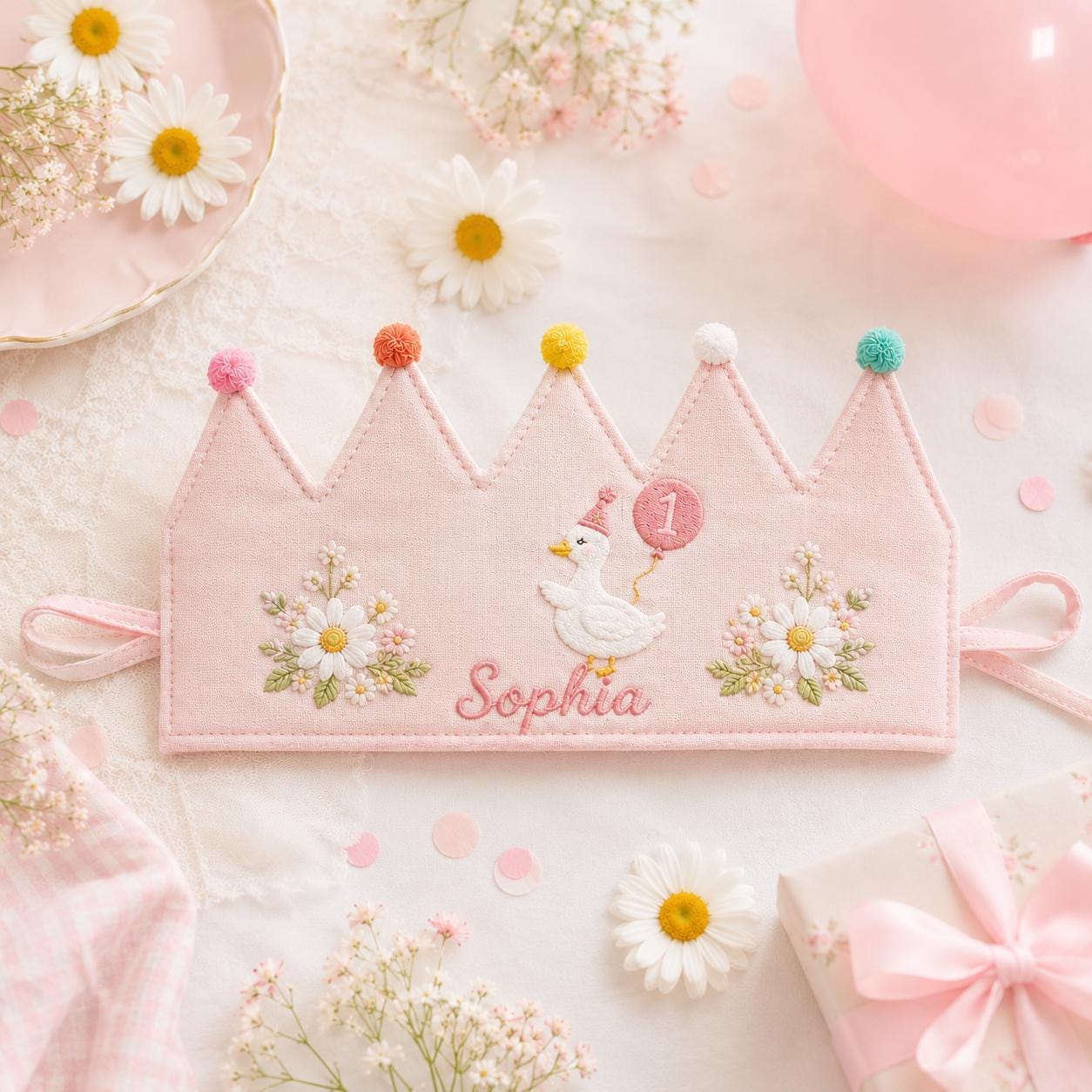 Personalized Goose Birthday Crown, Embroidered Linen-Look Crown, Daisy First Birthday Hat, One Silly Goose Cake Smash Crown