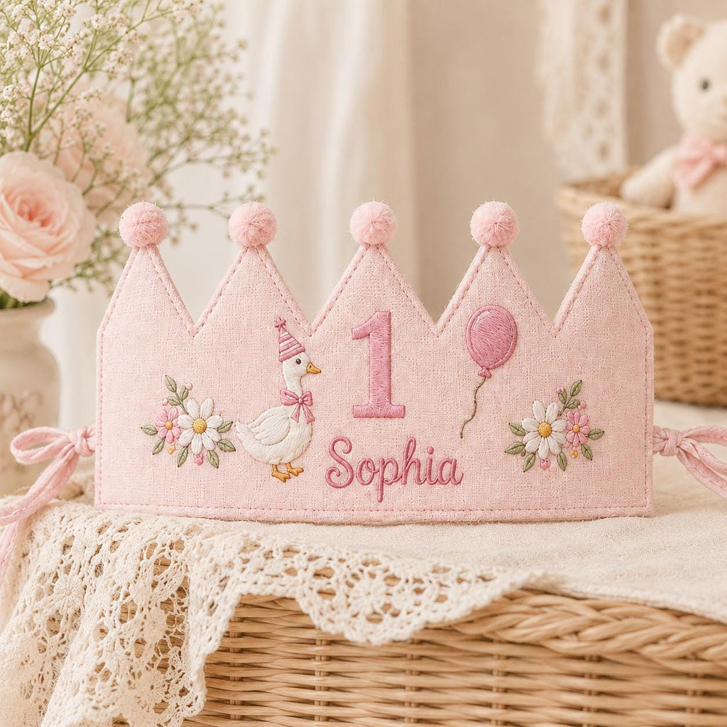 Personalized Goose Birthday Crown, Embroidered Linen-Look Crown, Daisy First Birthday Hat, One Silly Goose Cake Smash Crown
