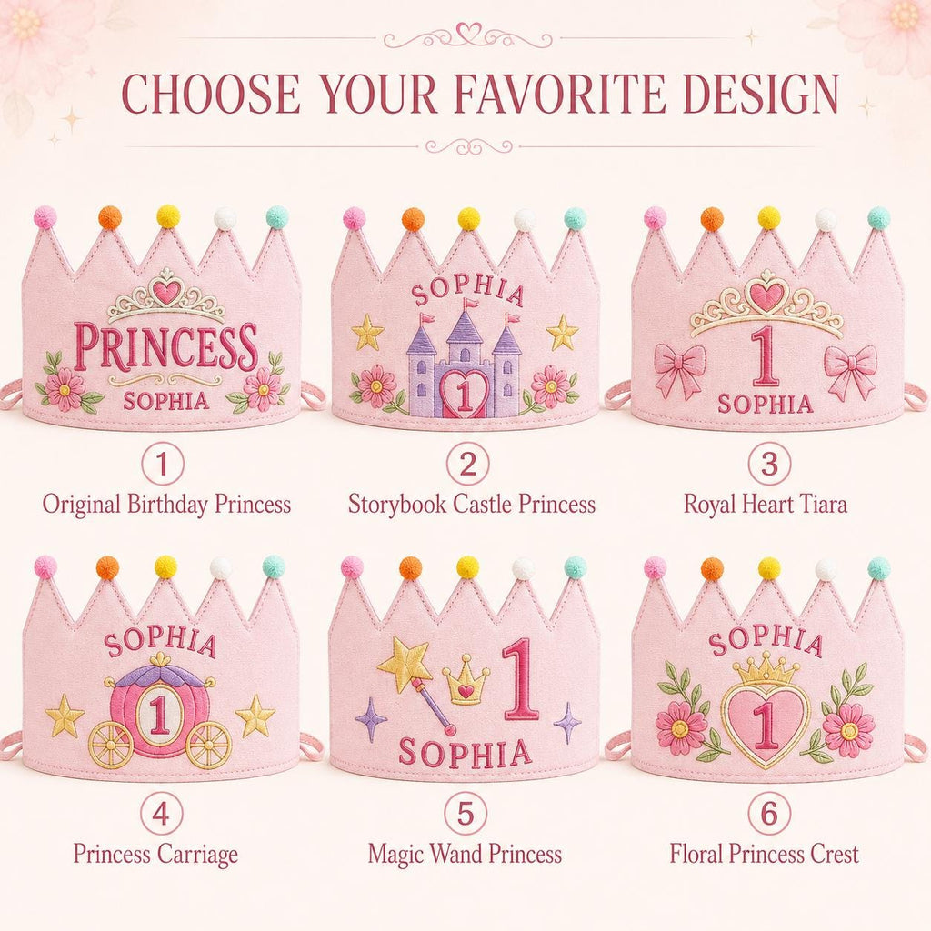 Personalized Princess Birthday Crown, Embroidered Linen-Look Crown, Fairytale Castle Crown, Custom Name Cake Smash Hat