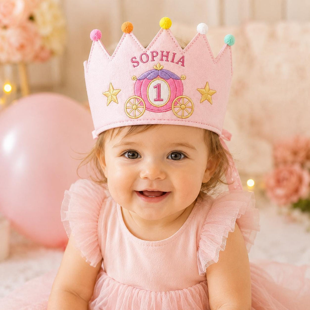 Personalized Princess Birthday Crown, Embroidered Linen-Look Crown, Fairytale Castle Crown, Custom Name Cake Smash Hat