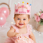 Personalized Princess Birthday Crown, Embroidered Linen-Look Crown, First Birthday Cake Smash Hat, Custom Name Keepsake