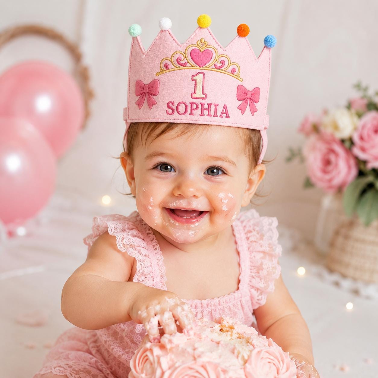 Personalized Princess Birthday Crown, Embroidered Linen-Look Crown, First Birthday Cake Smash Hat, Custom Name Keepsake