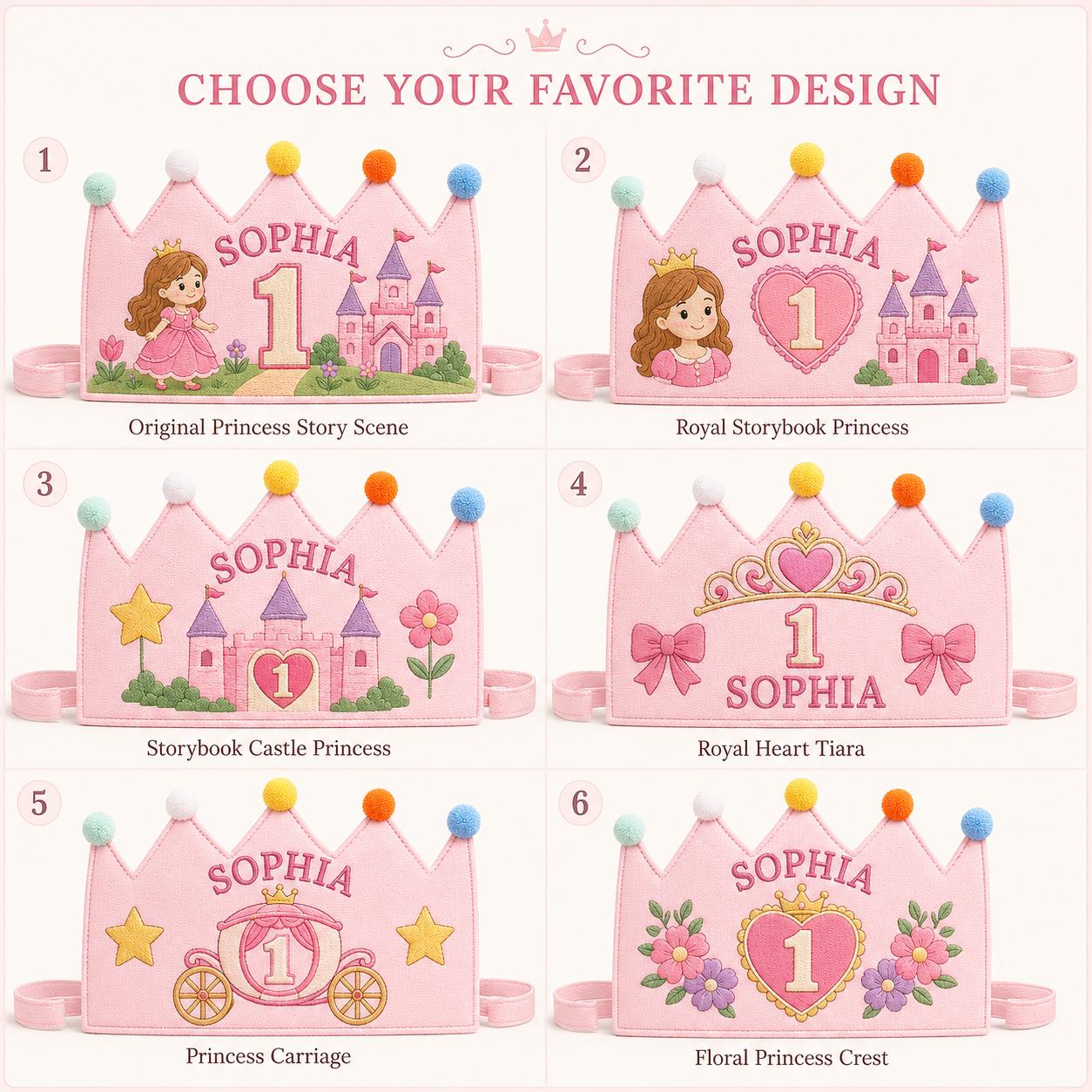 Personalized Princess Birthday Crown, Embroidered Linen-Look Crown, First Birthday Cake Smash Hat, Custom Name Keepsake