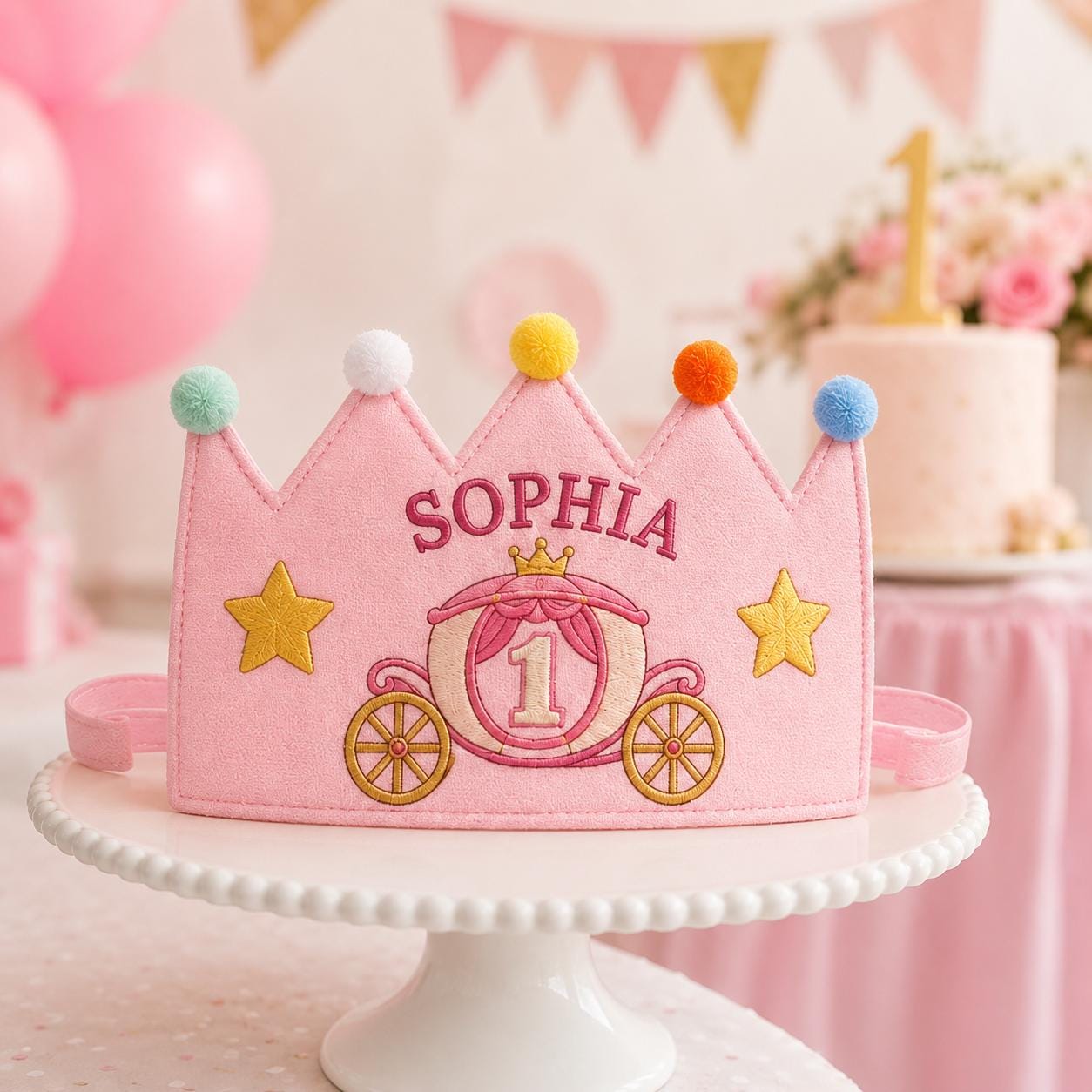 Personalized Princess Birthday Crown, Embroidered Linen-Look Crown, First Birthday Cake Smash Hat, Custom Name Keepsake