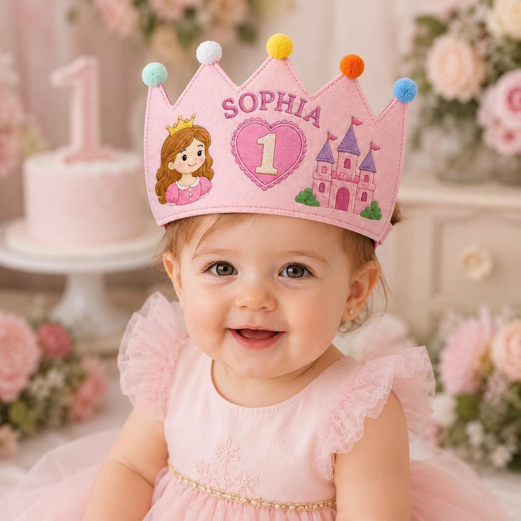Personalized Princess Birthday Crown, Embroidered Linen-Look Crown, First Birthday Cake Smash Hat, Custom Name Keepsake