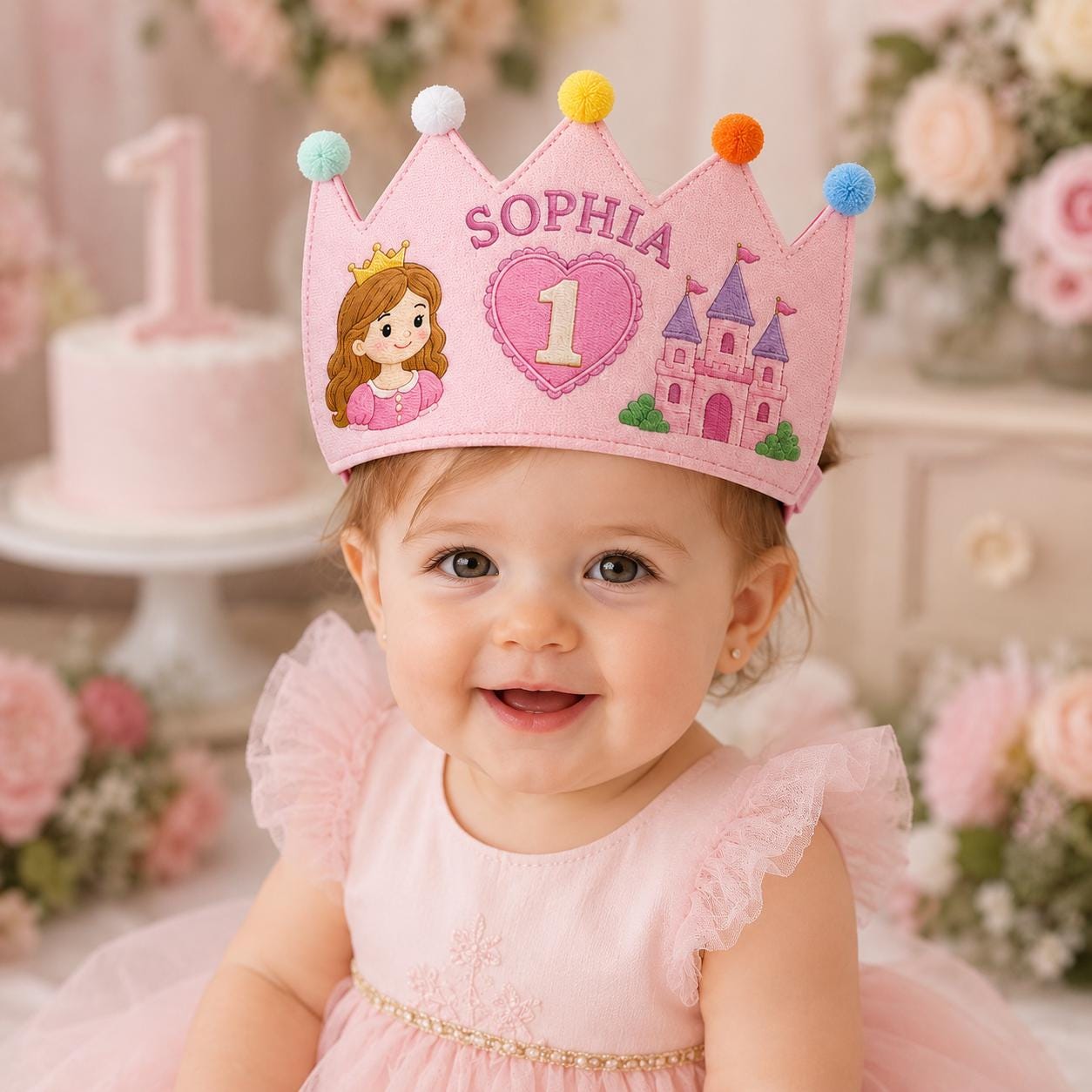 Personalized Princess Birthday Crown, Embroidered Linen-Look Crown, First Birthday Cake Smash Hat, Custom Name Keepsake