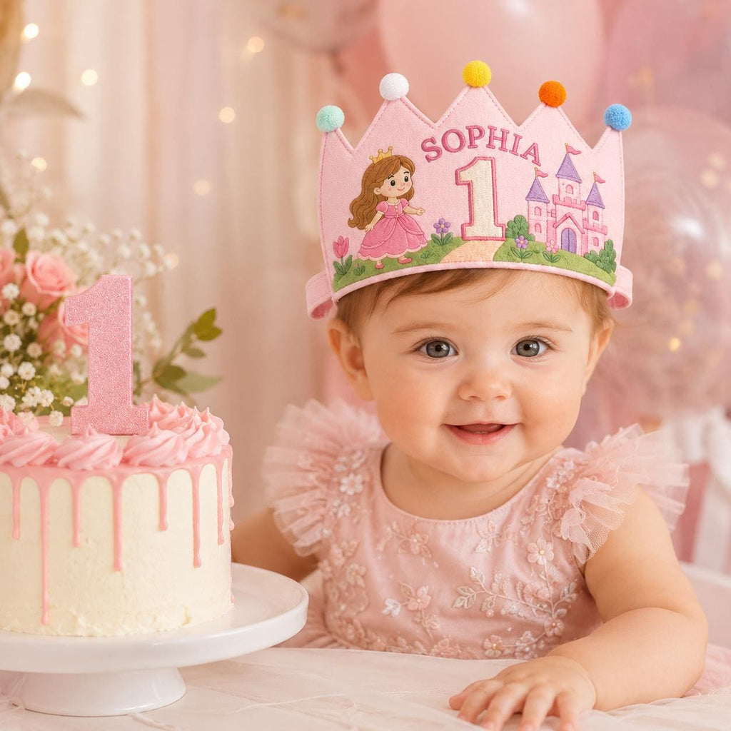 Personalized Princess Birthday Crown, Embroidered Linen-Look Crown, First Birthday Cake Smash Hat, Custom Name Keepsake