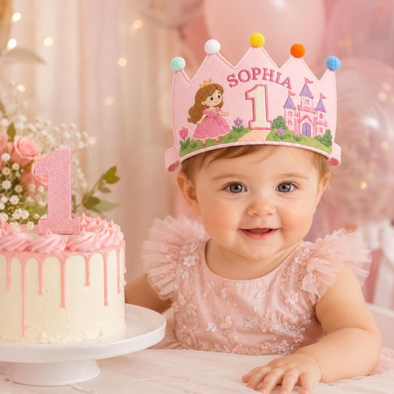 Personalized Princess Birthday Crown, Embroidered Linen-Look Crown, First Birthday Cake Smash Hat, Custom Name Keepsake