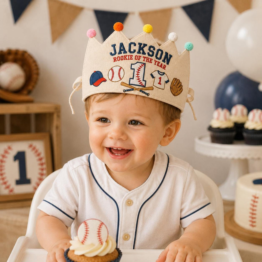 Personalized Baseball Birthday Crown, Embroidered Linen-Look Crown, Rookie of the Year First Birthday Hat, Cake Smash Keepsake