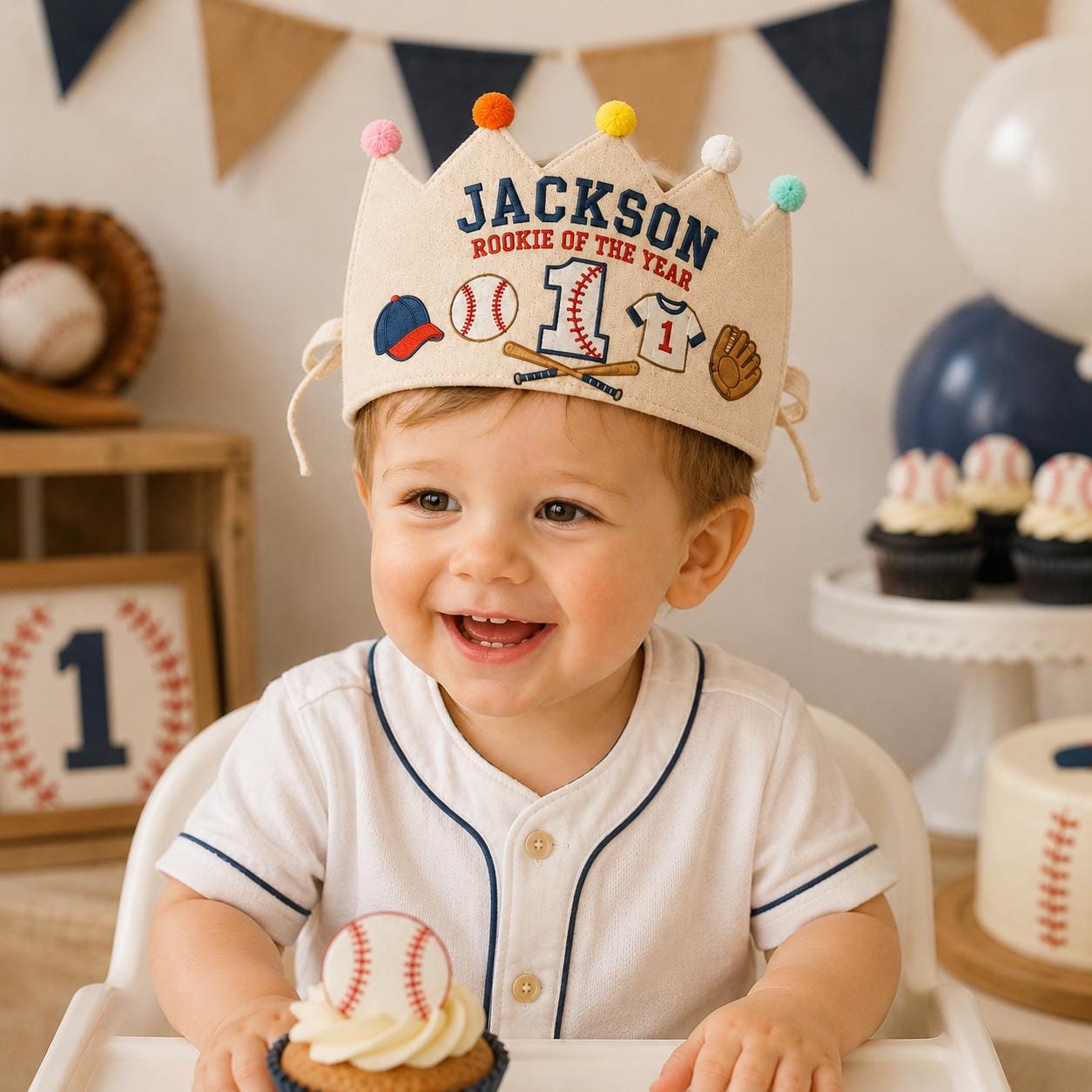 Personalized Baseball Birthday Crown, Embroidered Linen-Look Crown, Rookie of the Year First Birthday Hat, Cake Smash Keepsake