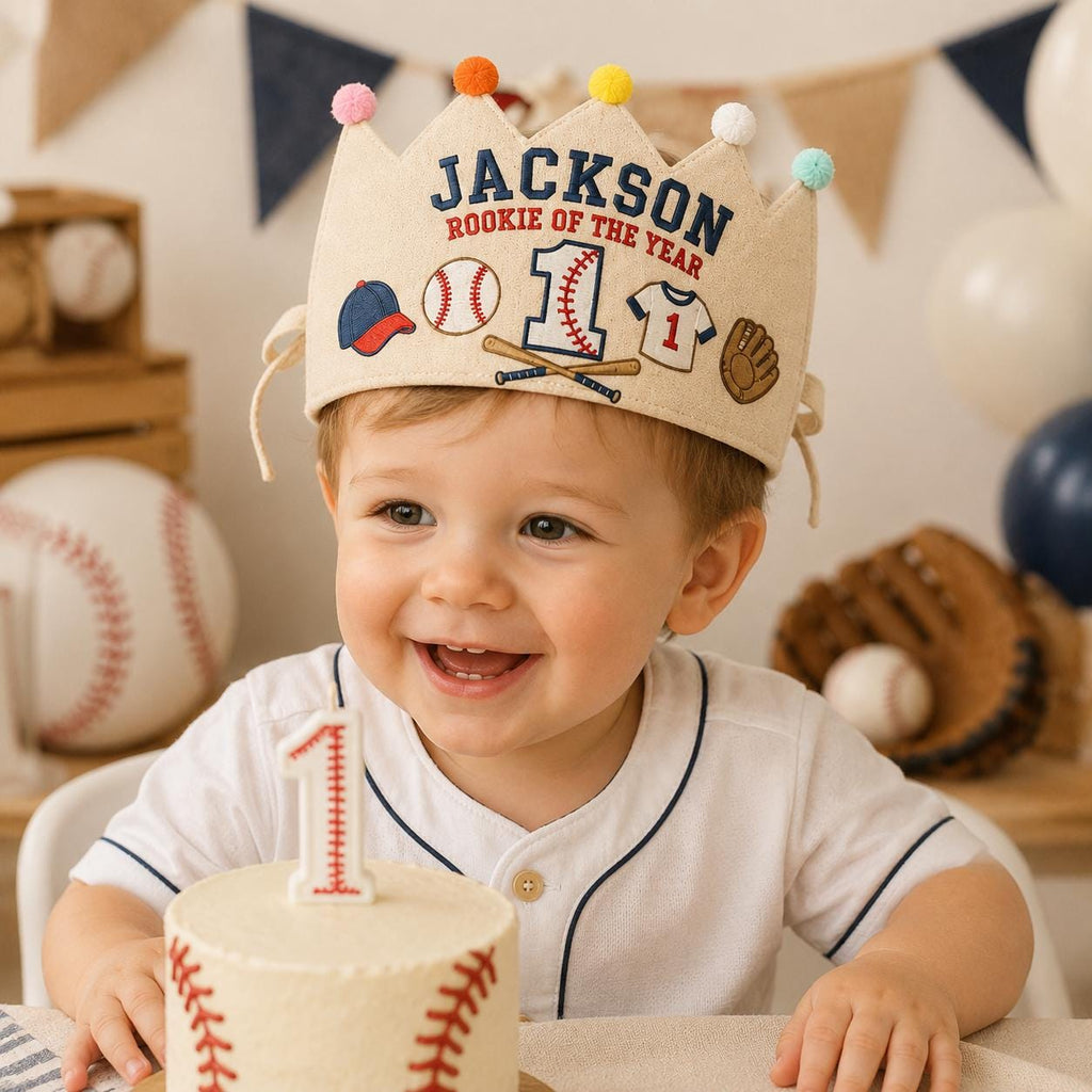Personalized Baseball Birthday Crown, Embroidered Linen-Look Crown, Rookie of the Year First Birthday Hat, Cake Smash Keepsake