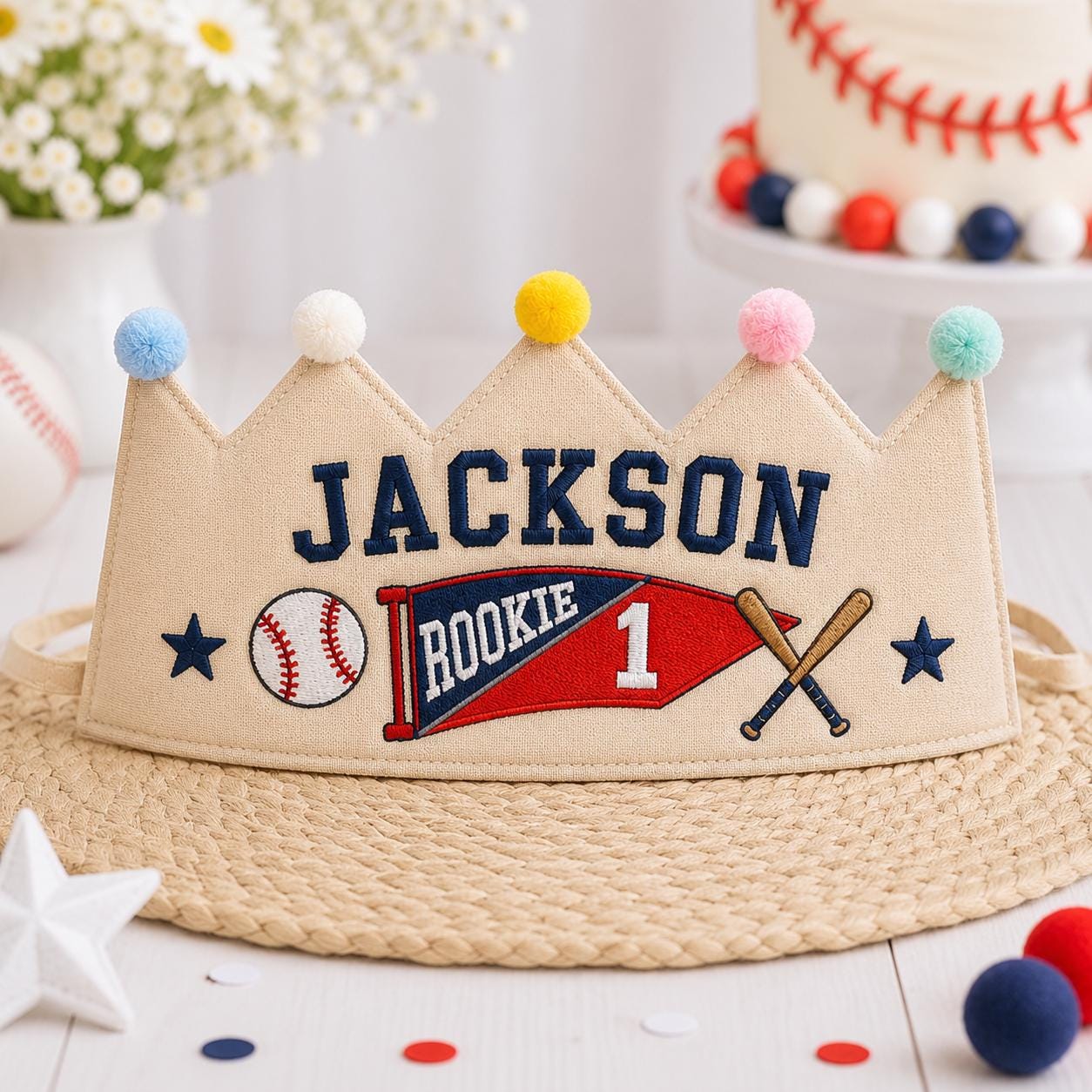 Personalized Baseball Birthday Crown, Embroidered Linen-Look Crown, Rookie of the Year First Birthday Hat, Cake Smash Keepsake