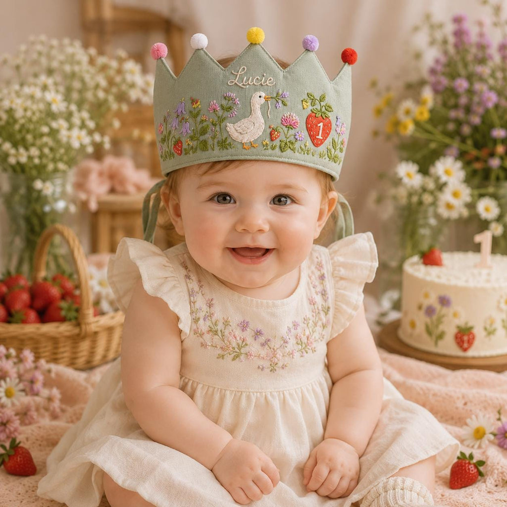 Personalized Wildflower Goose Birthday Crown, Embroidered Linen-Look Crown, Custom Name Berry Meadow Baby Hat