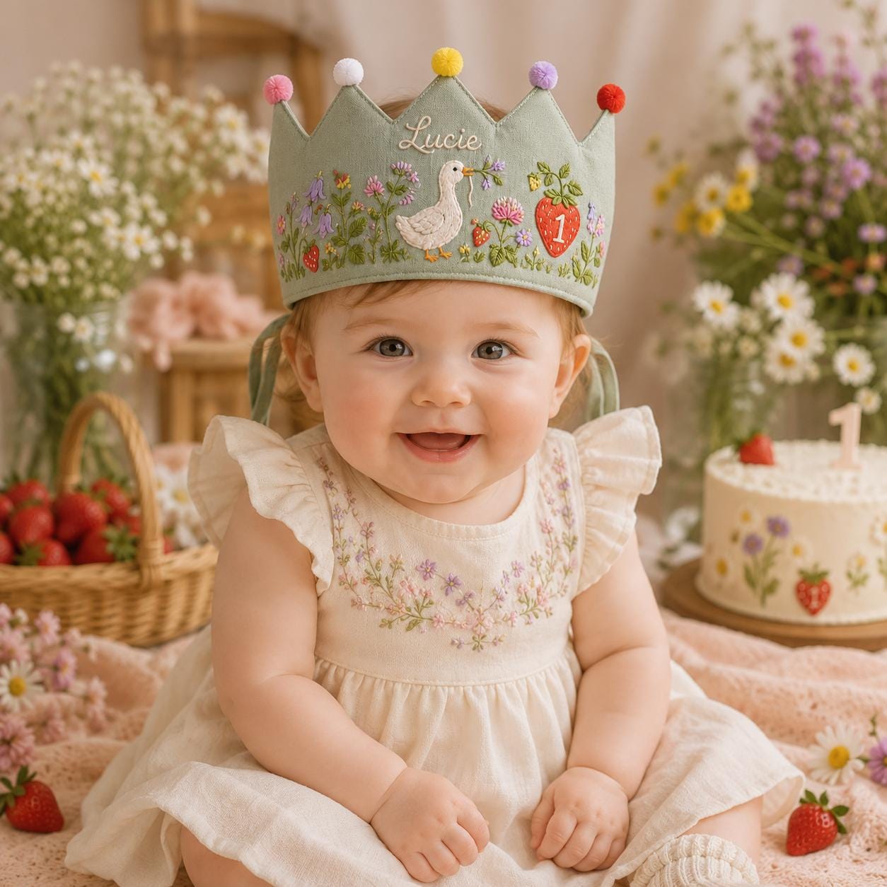 Personalized Wildflower Goose Birthday Crown, Embroidered Linen-Look Crown, Custom Name Berry Meadow Baby Hat