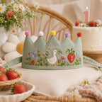 Personalized Wildflower Goose Birthday Crown, Embroidered Linen-Look Crown, Custom Name Berry Meadow Baby Hat