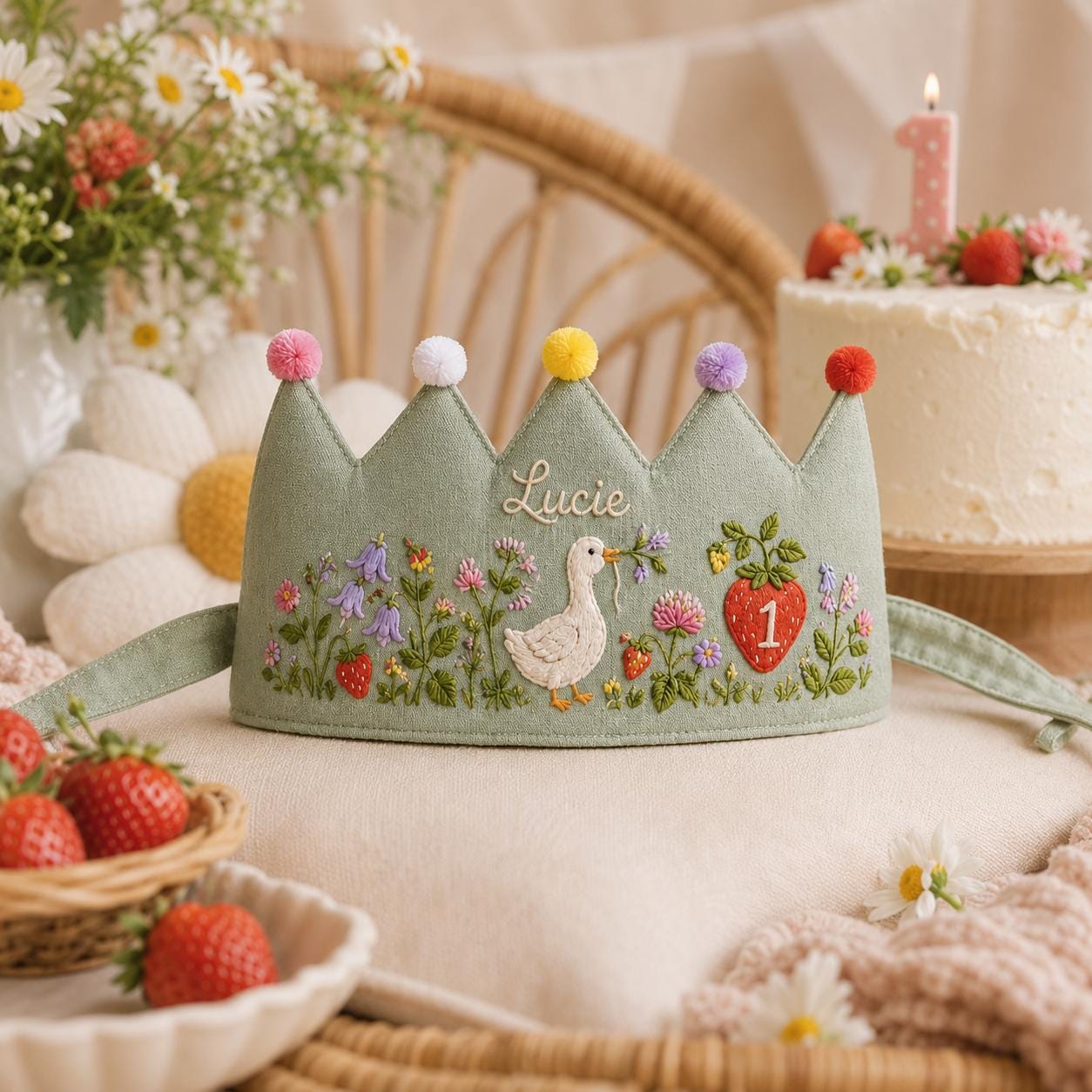 Personalized Wildflower Goose Birthday Crown, Embroidered Linen-Look Crown, Custom Name Berry Meadow Baby Hat