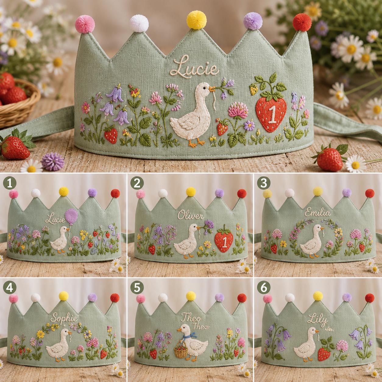 Personalized Wildflower Goose Birthday Crown, Embroidered Linen-Look Crown, Custom Name Berry Meadow Baby Hat