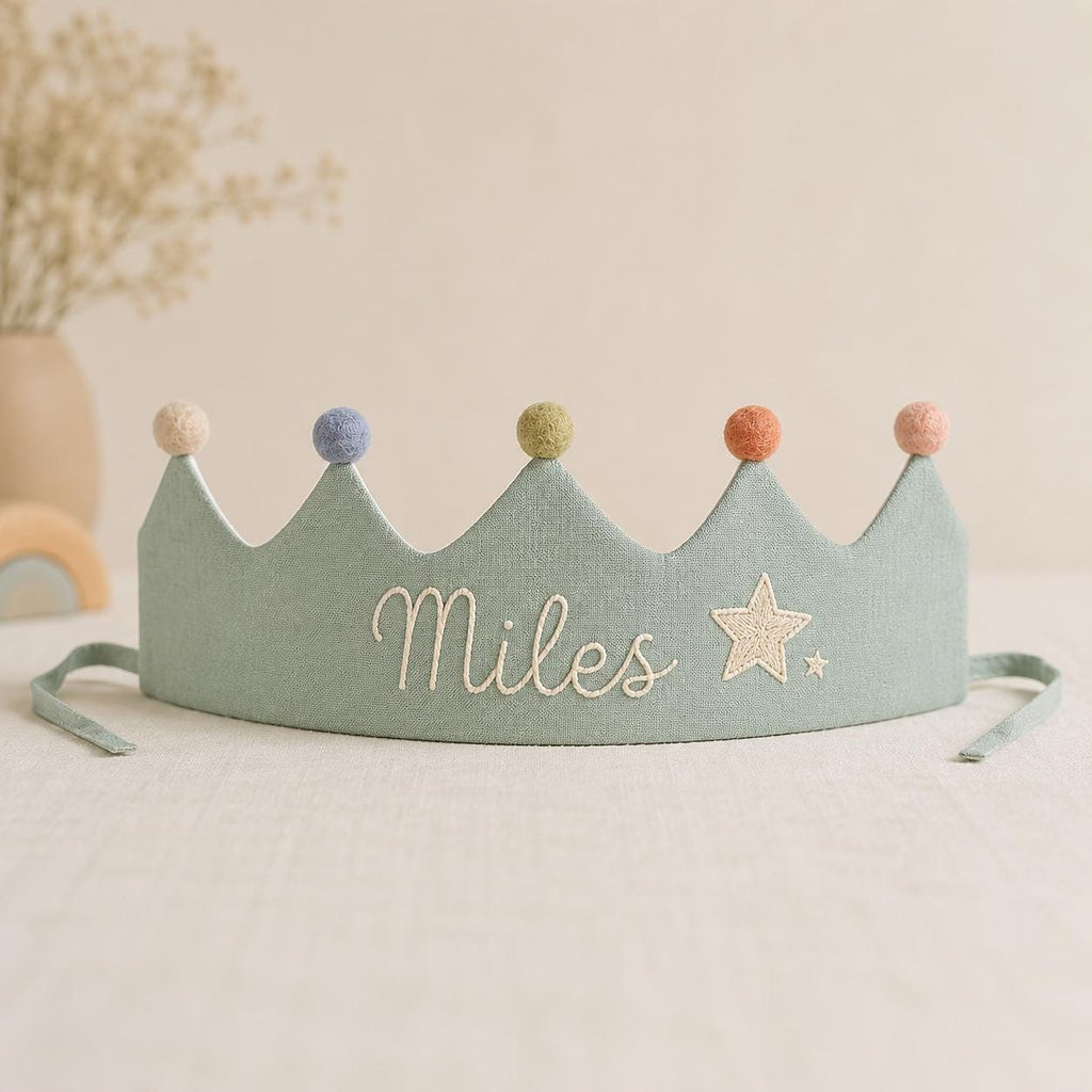 Personalized Embroidered Name Crown, Minimal Linen-Look Birthday Crown, Reusable Kids Party Hat, Custom Baby Keepsake