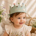 Personalized Embroidered Name Crown, Minimal Linen-Look Birthday Crown, Reusable Kids Party Hat, Custom Baby Keepsake
