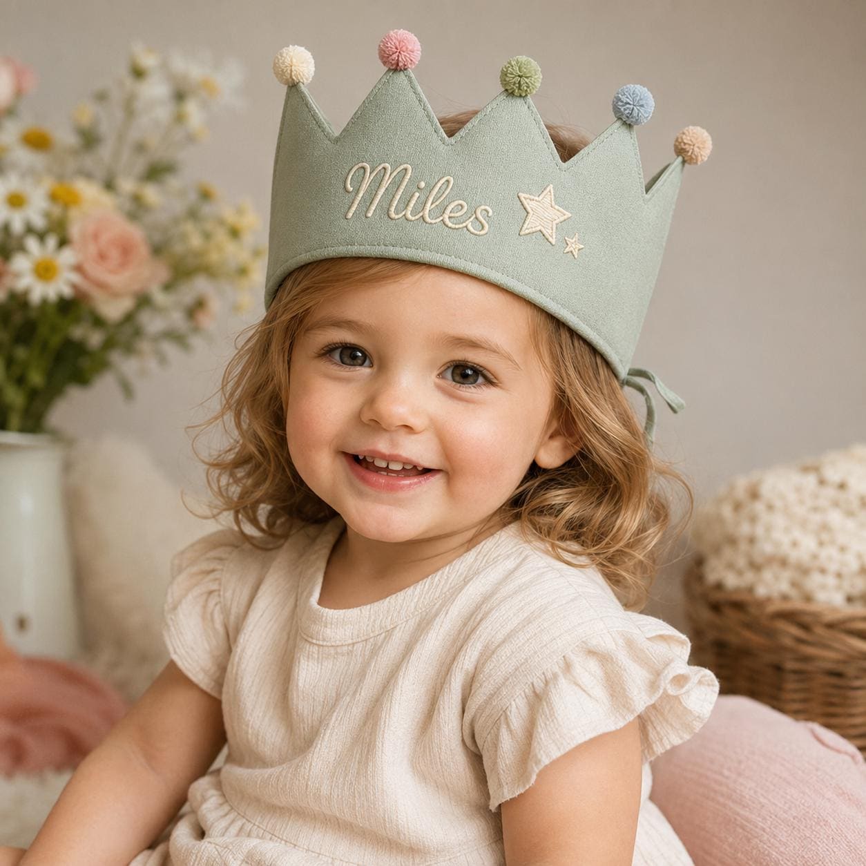 Personalized Embroidered Name Crown, Minimal Linen-Look Birthday Crown, Reusable Kids Party Hat, Custom Baby Keepsake
