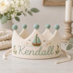 Personalized Embroidered Name Crown, Linen-Look Birthday Crown, Hot Air Balloon Baby Crown, Custom Kids Keepsake