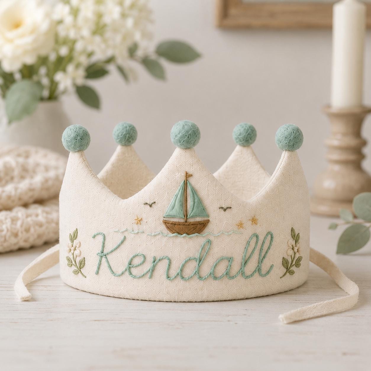 Personalized Embroidered Name Crown, Linen-Look Birthday Crown, Hot Air Balloon Baby Crown, Custom Kids Keepsake