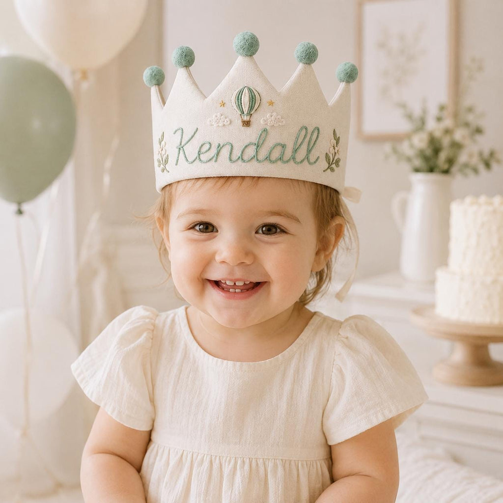 Personalized Embroidered Name Crown, Linen-Look Birthday Crown, Hot Air Balloon Baby Crown, Custom Kids Keepsake