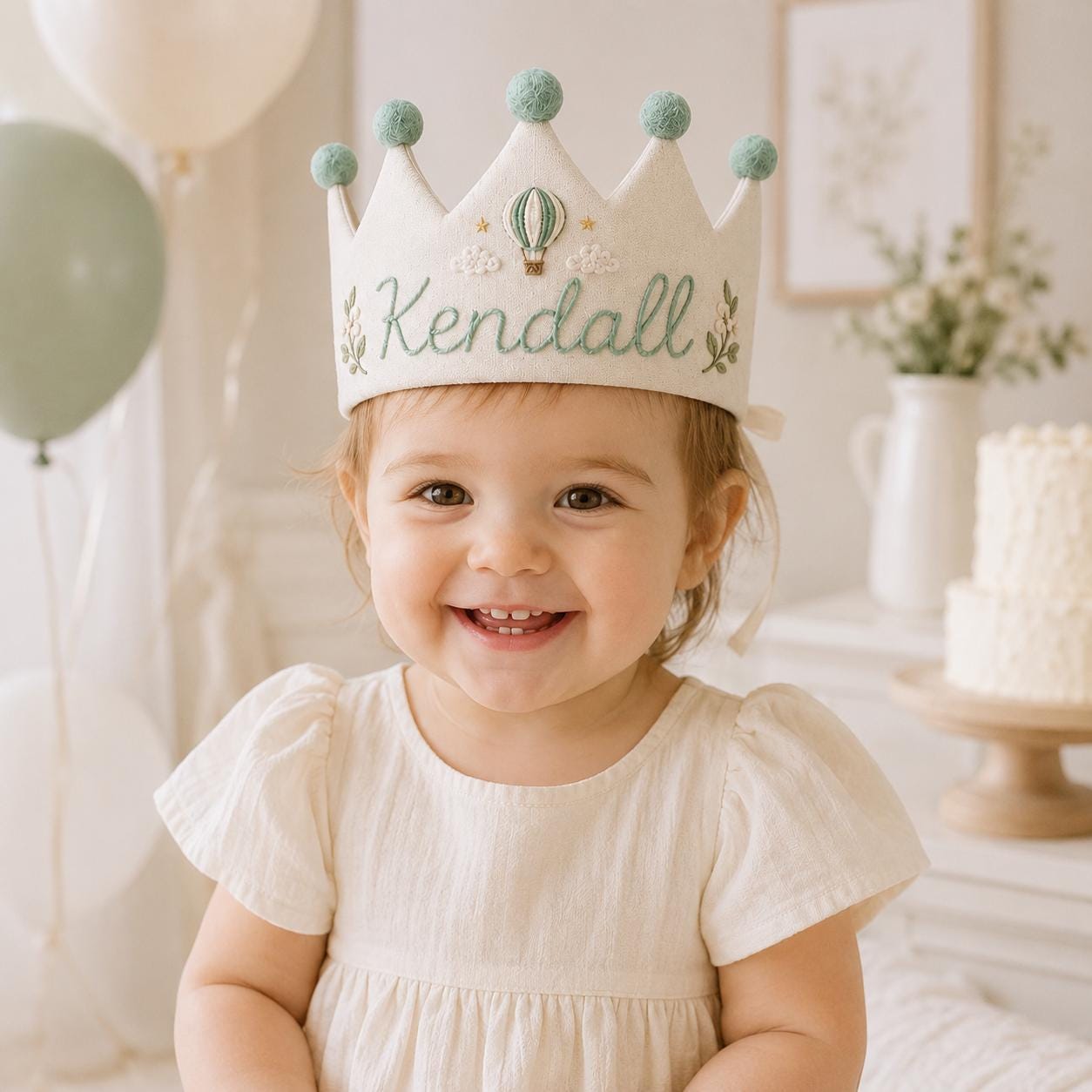 Personalized Embroidered Name Crown, Linen-Look Birthday Crown, Hot Air Balloon Baby Crown, Custom Kids Keepsake