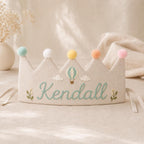 Personalized Embroidered Name Crown, Linen-Look Birthday Crown, Hot Air Balloon Baby Crown, Custom Kids Keepsake