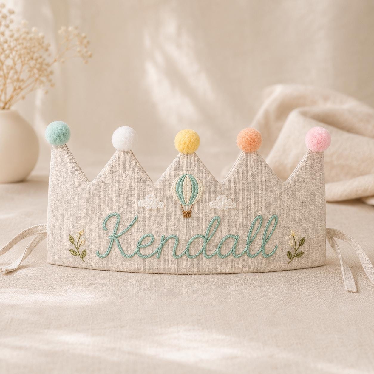 Personalized Embroidered Name Crown, Linen-Look Birthday Crown, Hot Air Balloon Baby Crown, Custom Kids Keepsake