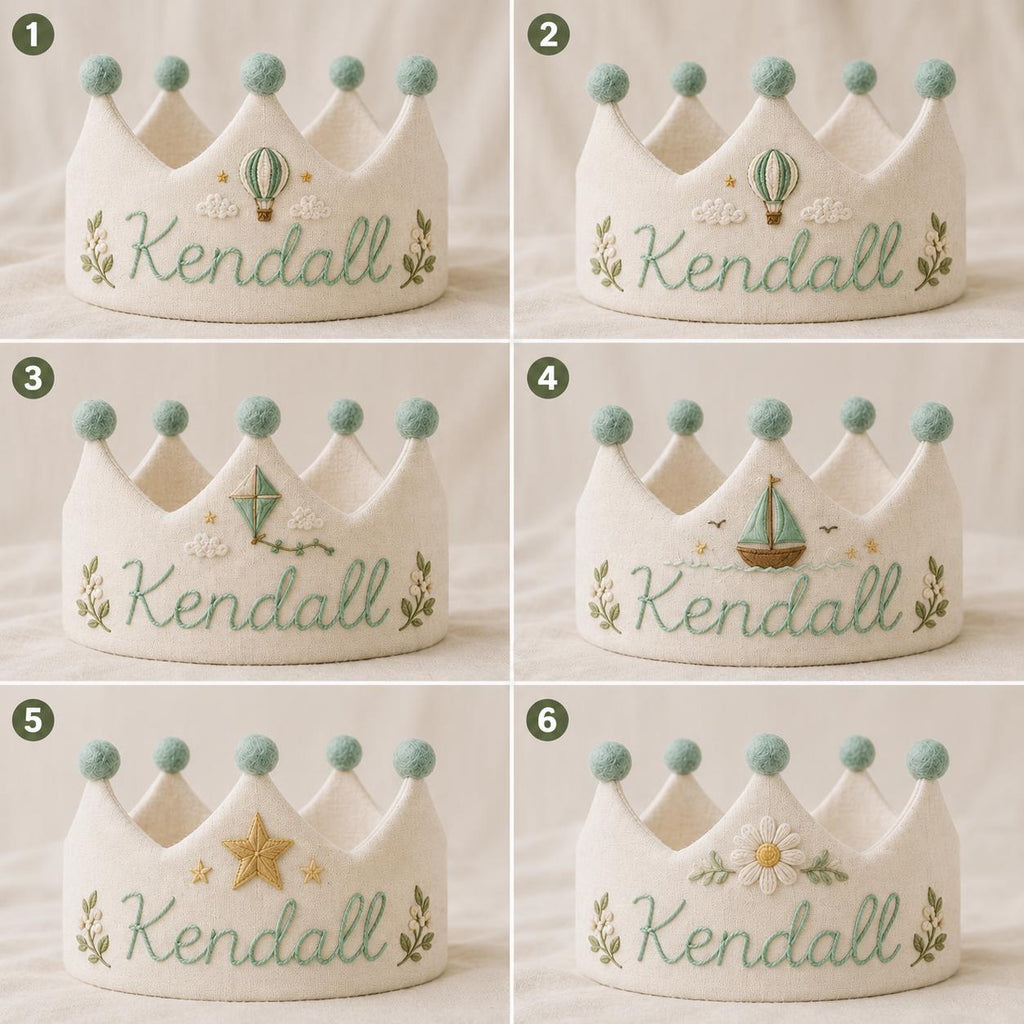 Personalized Embroidered Name Crown, Linen-Look Birthday Crown, Hot Air Balloon Baby Crown, Custom Kids Keepsake