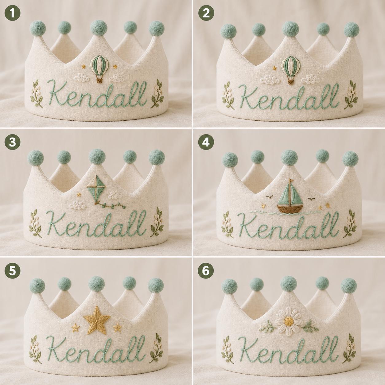 Personalized Embroidered Name Crown, Linen-Look Birthday Crown, Hot Air Balloon Baby Crown, Custom Kids Keepsake