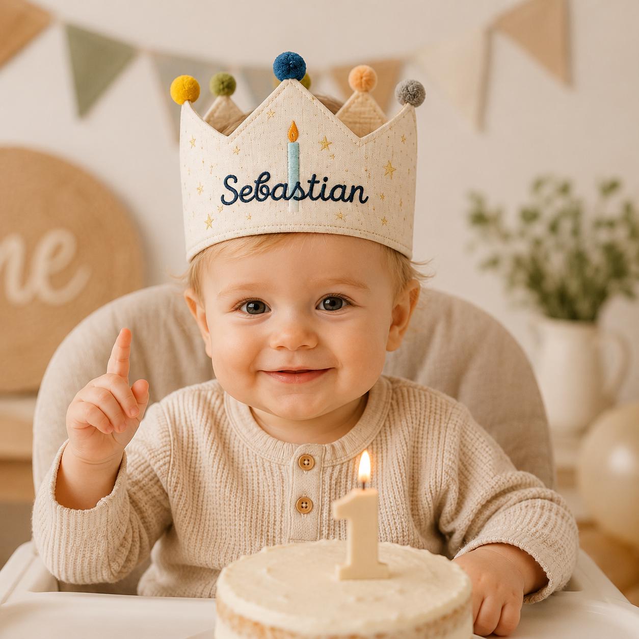 Personalized Birthday Candle Crown, Embroidered Linen-Look Name Crown, Reusable Kids Party Hat, Baby Keepsake Gift
