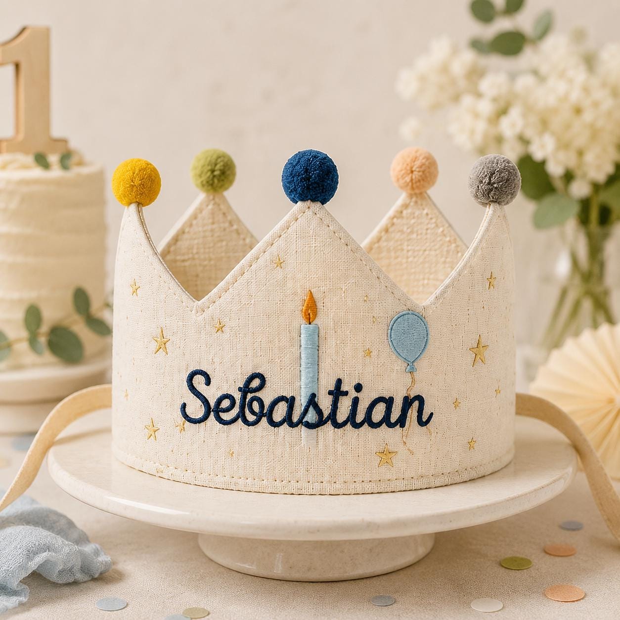 Personalized Birthday Candle Crown, Embroidered Linen-Look Name Crown, Reusable Kids Party Hat, Baby Keepsake Gift