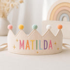 Personalized Rainbow Name Birthday Crown, Embroidered Linen-Look Kids Crown, Reusable First Birthday Party Hat, Baby Keepsake