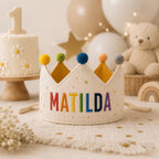 Personalized Rainbow Name Birthday Crown, Embroidered Linen-Look Kids Crown, Reusable First Birthday Party Hat, Baby Keepsake